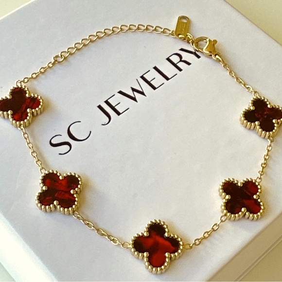 Clover Bracelet Velvet Red Double Sided Four Leaf - Picture 5 of 11